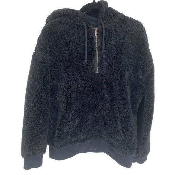 PacSun Women's M Black Sherpa half Zip pocket fuzzy draw string Hoodie - Picture 1 of 4